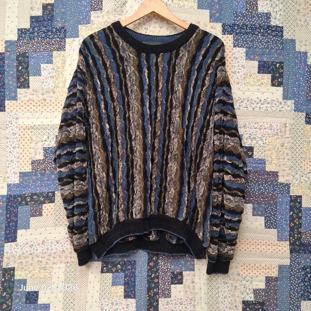 Vtg 90s Tundra 3D Knit Sweater Blue Gray Textured Coogi Style Mens M Hip Hop